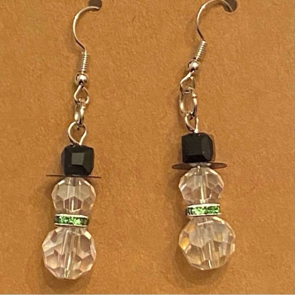 Snowman Dangle Earrings with Black and Green Accents